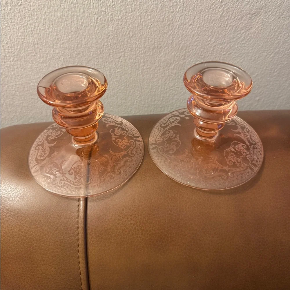 VTG elegant Heisey Mars flamingo pink depression glass candle stick holders